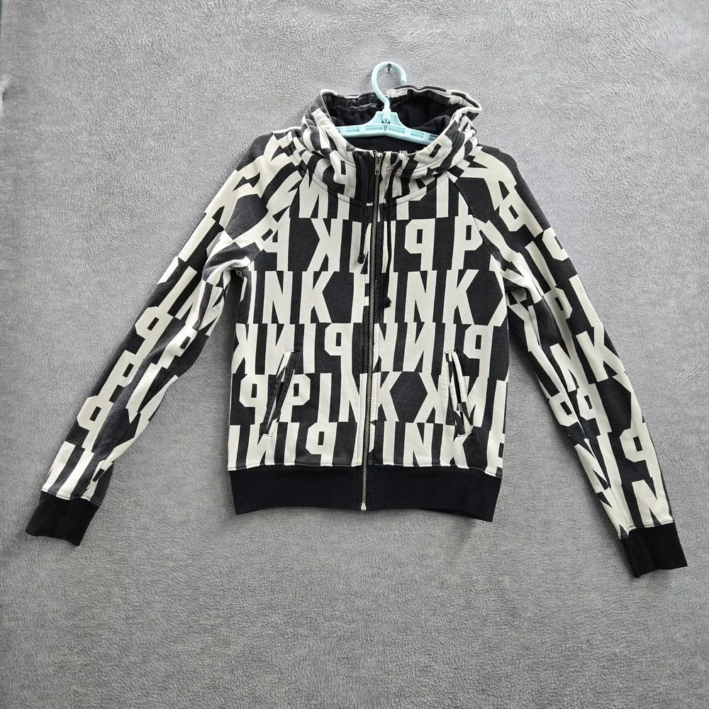 Victoria's Secret PINK‎ Women Hoodie S Black Graphic Print Logo Zipper